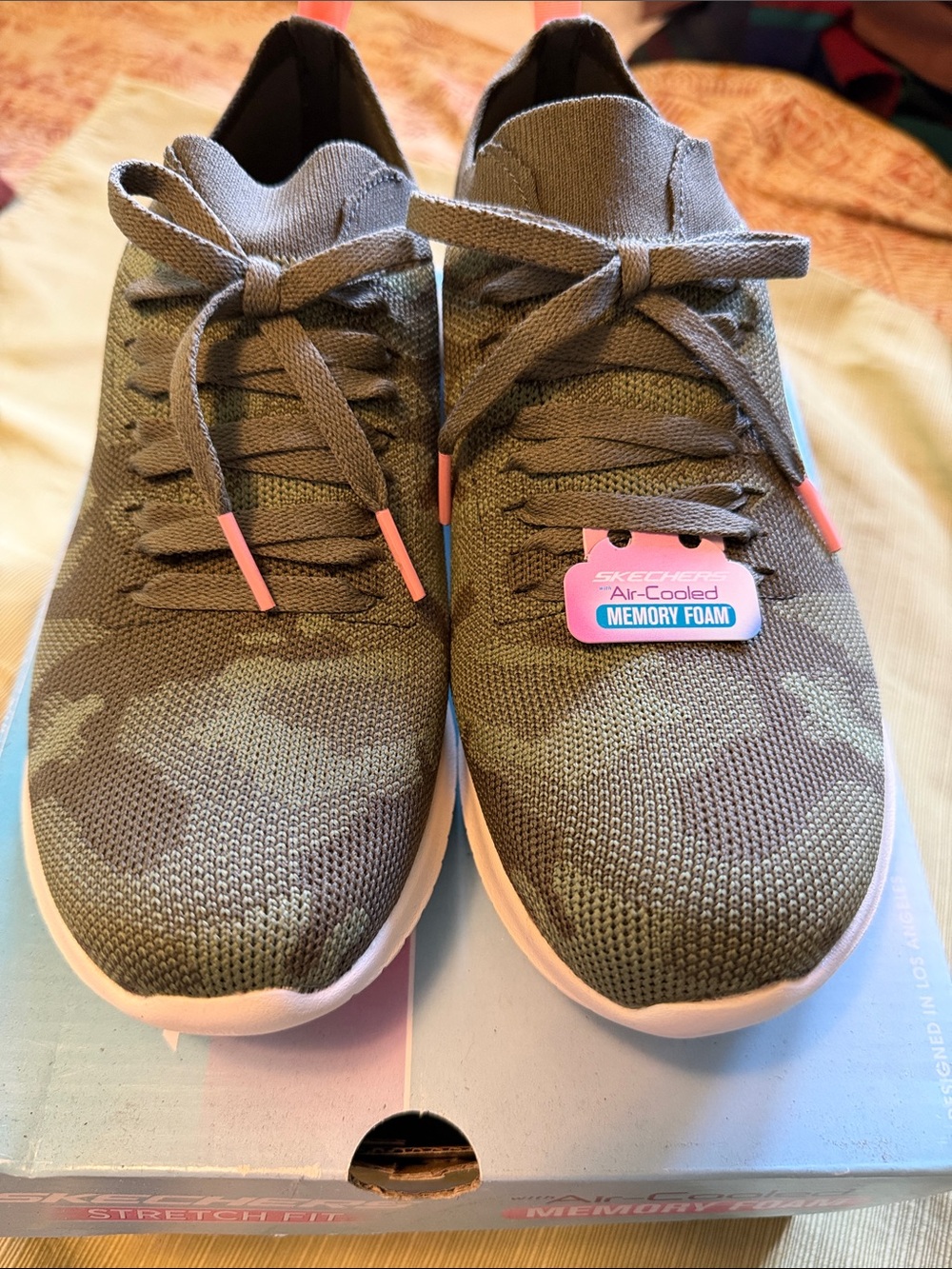 NWT Skechers Air-Cooled Memory Foam Camouflage Sneakers with Pink Accents